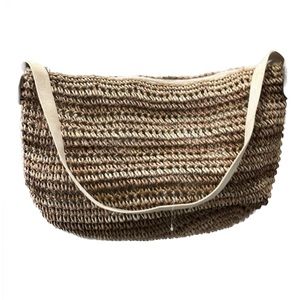 Vintage Brown Striped Woven Natural Straw Large Beach Shoulder Tote Sisal Bag.